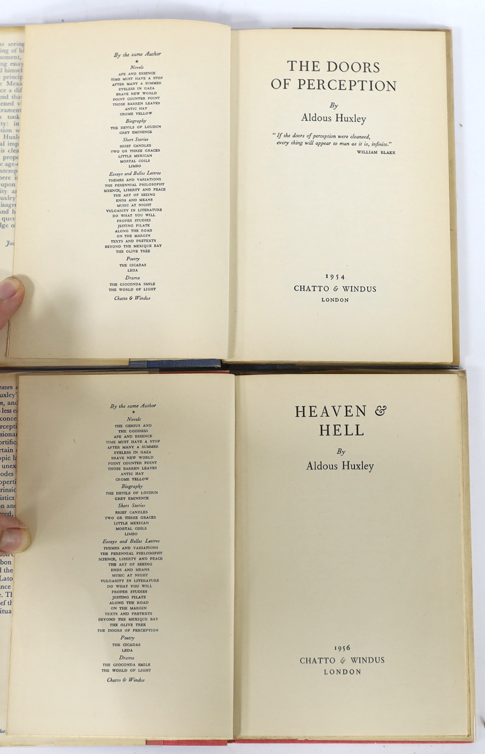 Huxley, Aldous - The Doors of Perception, 1st edition. publisher's cloth and d/wrapper. Chatto & Windus. 1954; Huxley, Aldous - Heaven & Hell. 1st edition. publisher's cloth and d/wrapper, Chatto & Windus, 1956 (2)